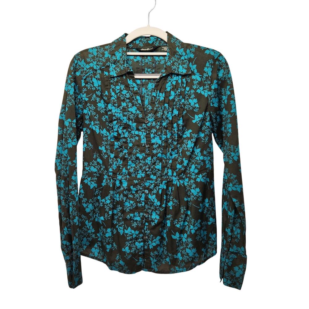 Eddie Bauer Olive Green Teal Long Sleeve Pintuck‎ Pleated Button Down Women's XS